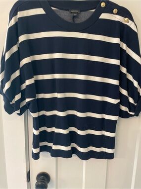 Ann Taylor Navy & White Striped Button-Shoulder Tee